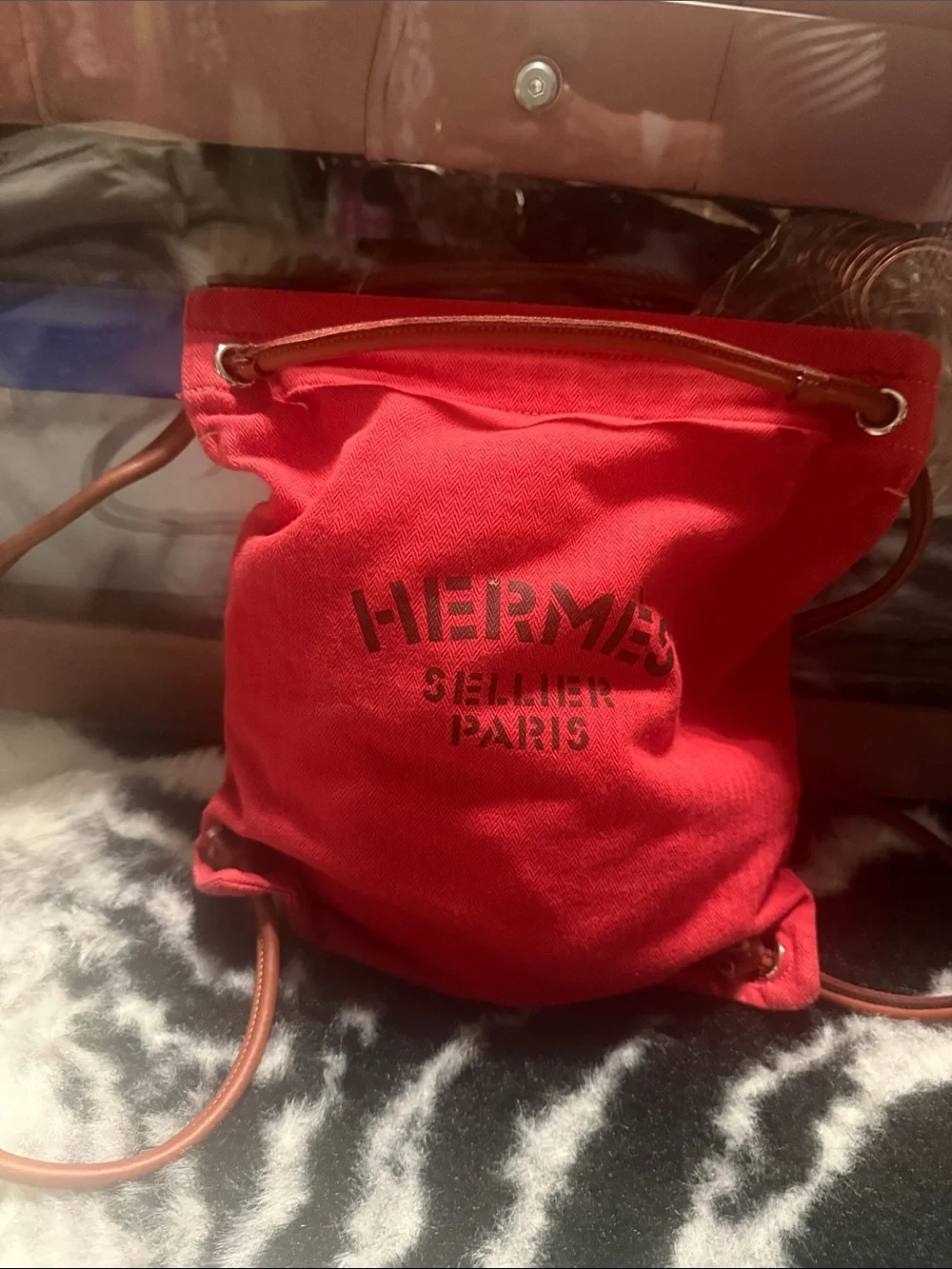Hermes Red Canvas Drawstring Backpack with Brown Leather Straps
